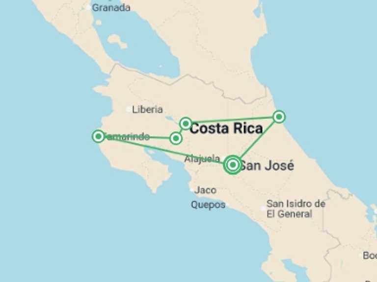 Map itinerary of South America Tour in July 2026 with 6 destination visits for the trip: Costa Rica Discovery - 13 days