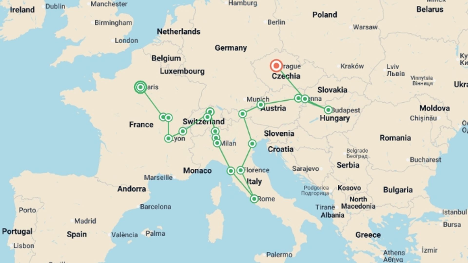 A map showing the tour itinerary for the trip: Romantic Europe, starting in Paris, France and ending in Prague, Czech Republic going through 9 other destinations.
