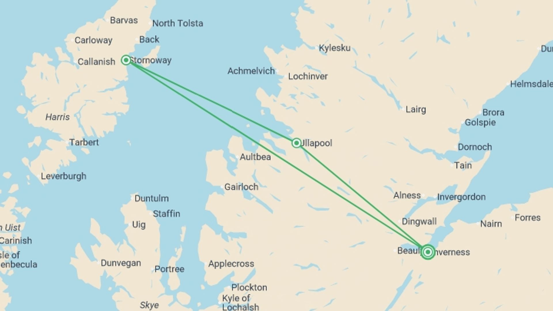 A map showing the tour itinerary for the trip: Inverness to the Outer Hebrides (Hotel) - 3 days, starting in Inverness, Scotland and ending in Inverness, Scotland going through 1 other destinations.