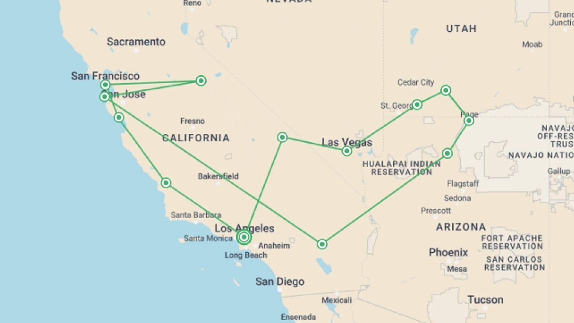 A map showing the tour itinerary for the trip: USA Road Trip — California & the Southwest, starting in Los Angeles, USA and ending in Los Angeles, USA going through 11 other destinations.