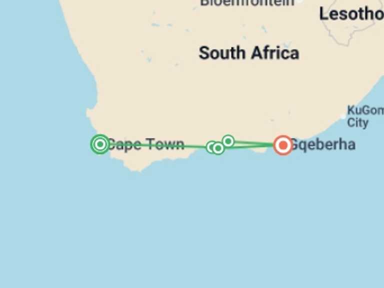 Map itinerary of Africa Tour in April 2027 with 7 destination visits for the trip: The Garden Route - 8 days