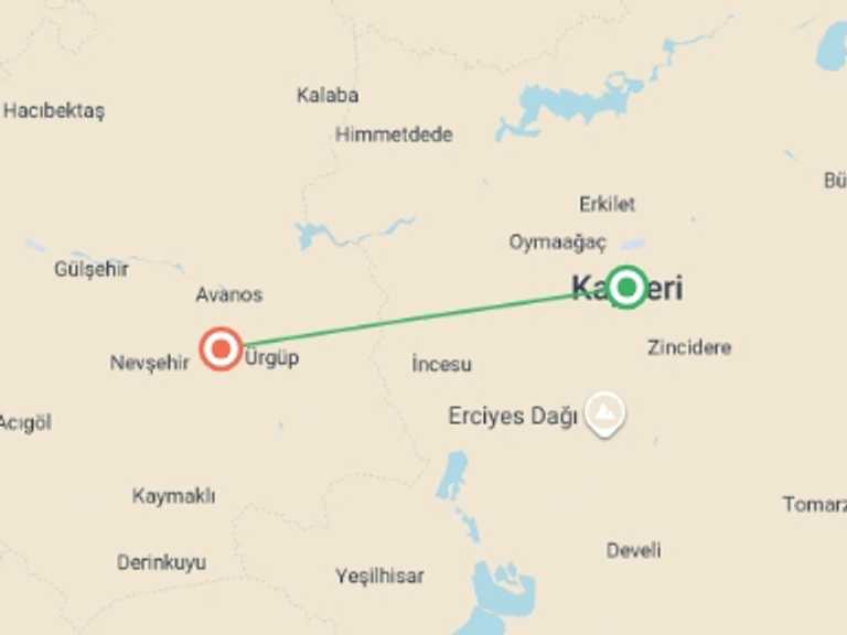 Map itinerary of Turkey Tour in March 2027 with 2 destination visits for the trip: Enchanting Cappadocia Experience! 4 Days Cave Hotel & Opt Balloon