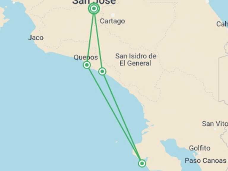 Map itinerary of San Jose Tour in July 2027 with 4 destination visits for the trip: Best of Costa Rica
