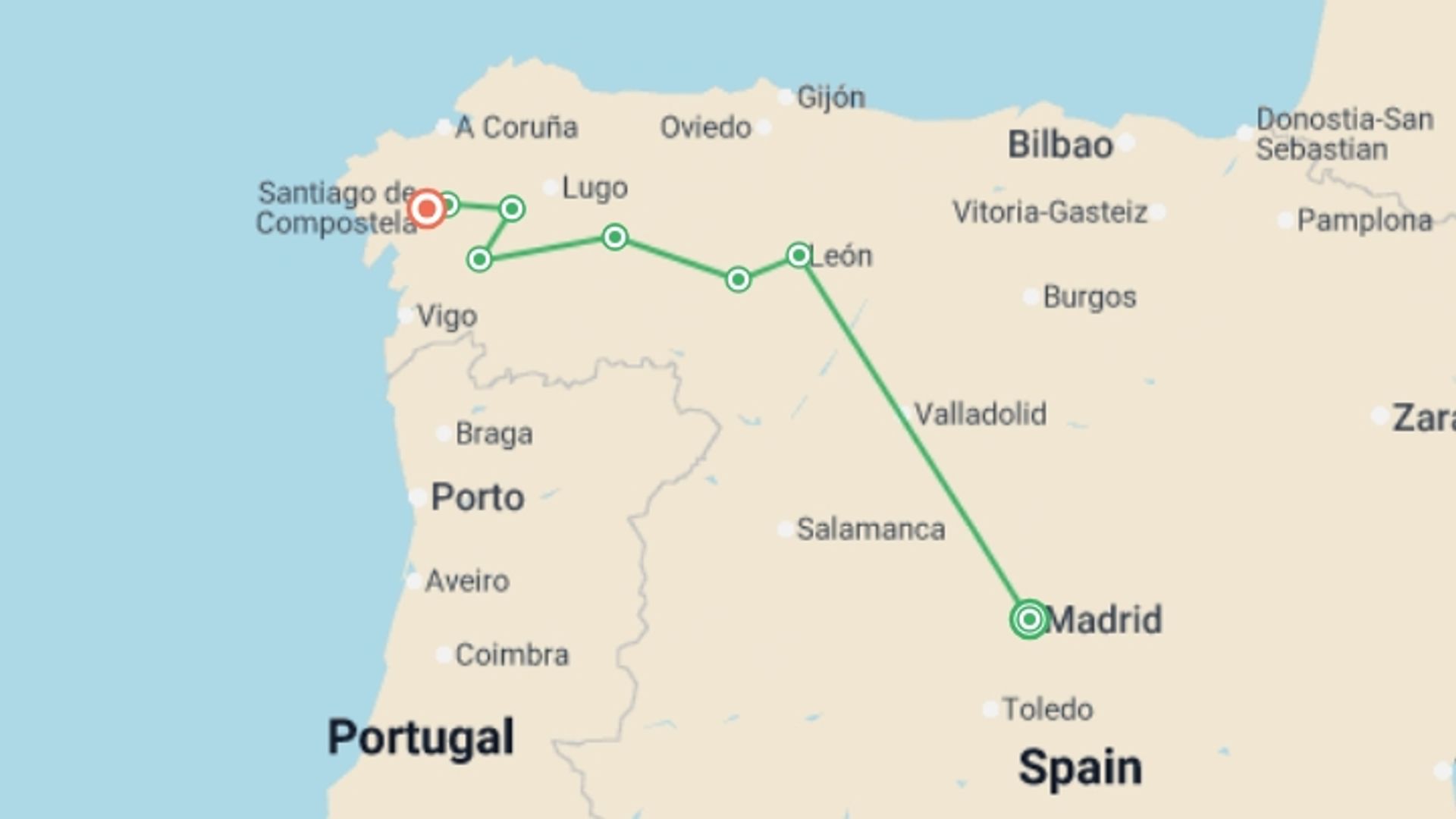 A map showing the tour itinerary for the trip: Walking the Camino de Santiago, starting in Madrid, Spain and ending in Santiago De Compostela, Spain going through 1 other destinations.