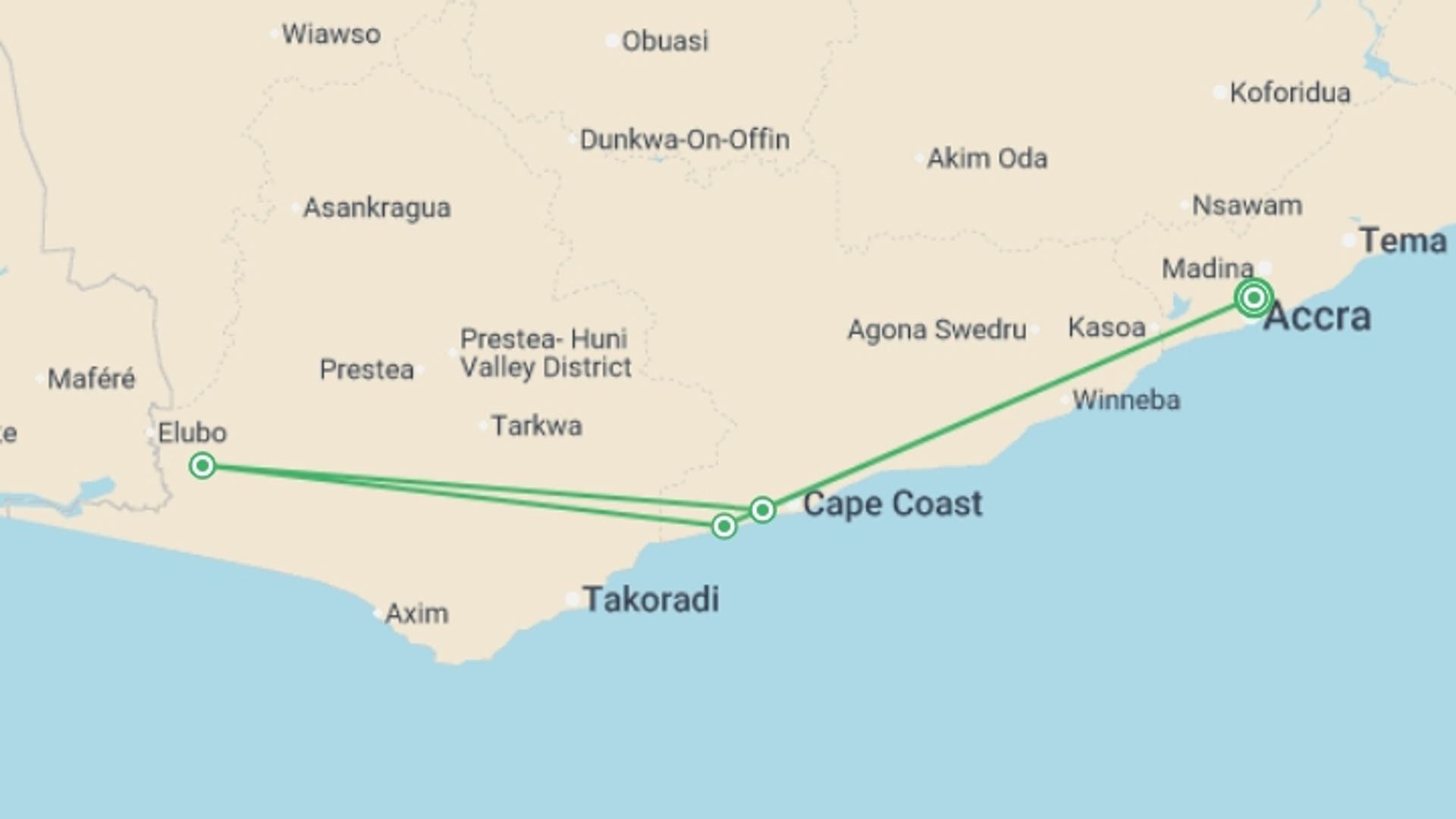 A map showing the tour itinerary for the trip: Ghana: Beaches & Breathtaking Coastlines, starting in Accra, Ghana and ending in Accra, Ghana going through 3 other destinations.