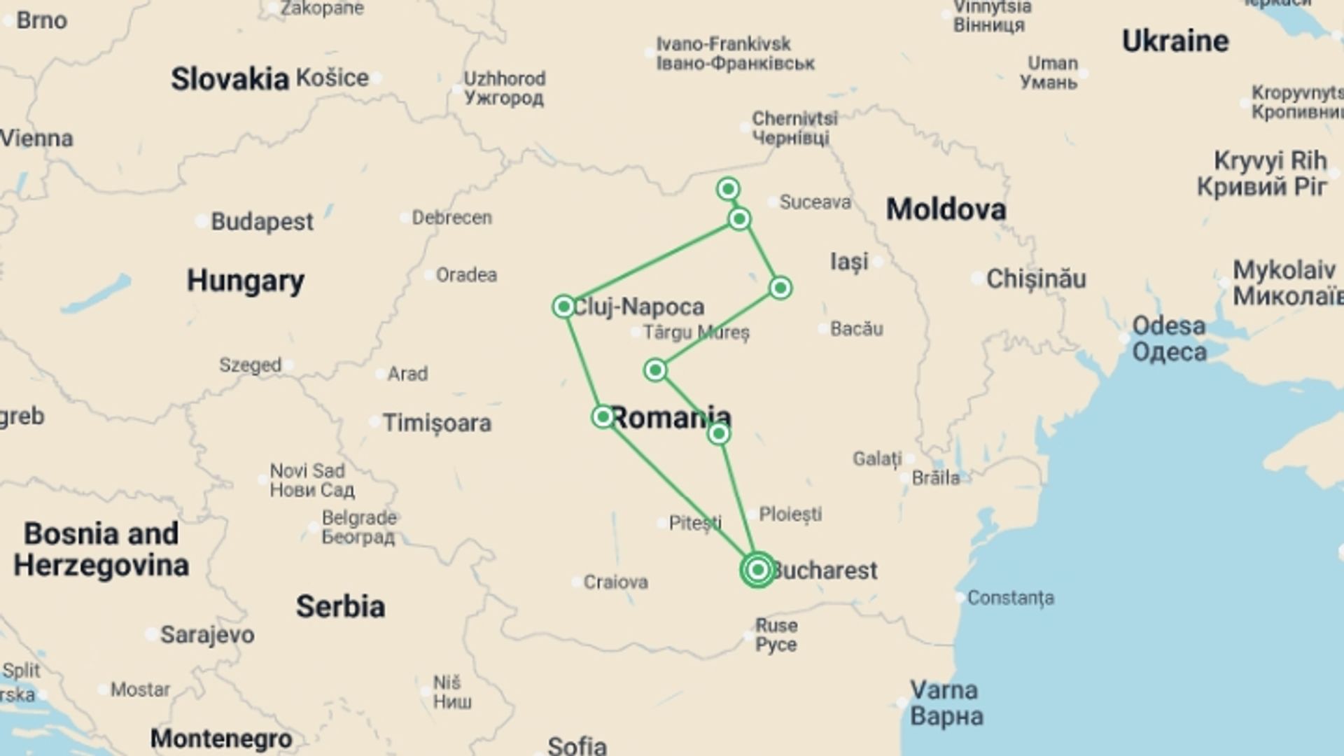 A map showing the tour itinerary for the trip: Romania Revealed - 10 days, starting in Bucharest, Romania and ending in Bucharest, Romania going through 7 other destinations.