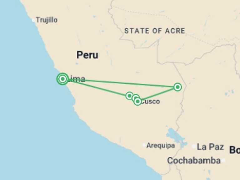 Map itinerary of South America Tour in March 2027 with 5 destination visits for the trip: Signature: Peru from Machu Picchu to the Amazon Jungle