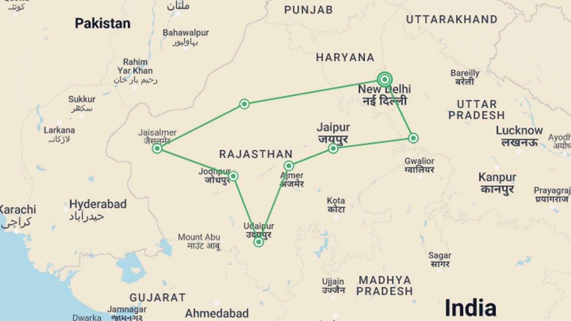 A map showing the tour itinerary for the trip: Royal India, starting in New Delhi, India and ending in New Delhi, India going through 8 other destinations.