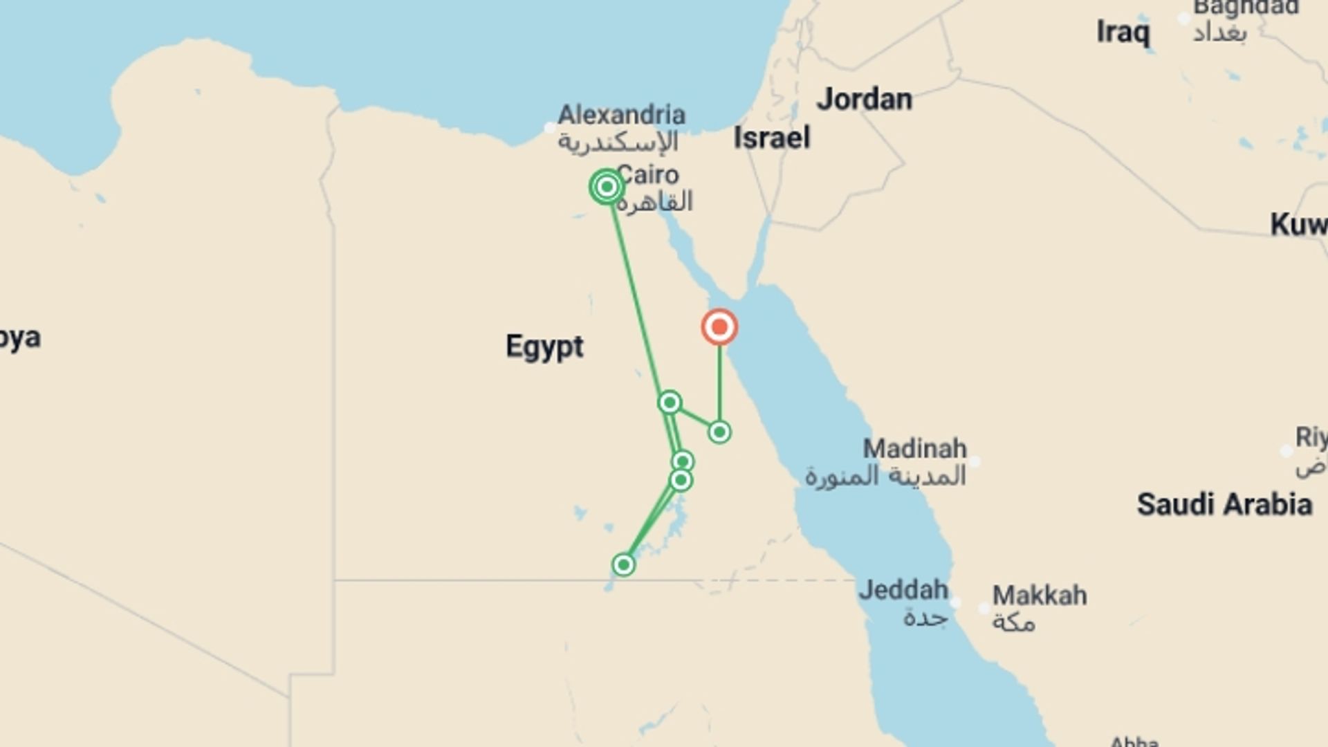 A map showing the tour itinerary for the trip: Classic Egypt with Nile Cruise + Red Sea Extension, starting in Cairo, Egypt and ending in Hurghada, Egypt going through 6 other destinations.