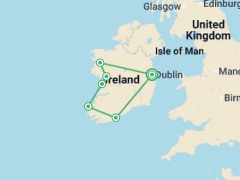 Map of Ireland Explorer Tour with 6 destination visits for the trip: Great Atlantic Ireland Explorer - 7 days
