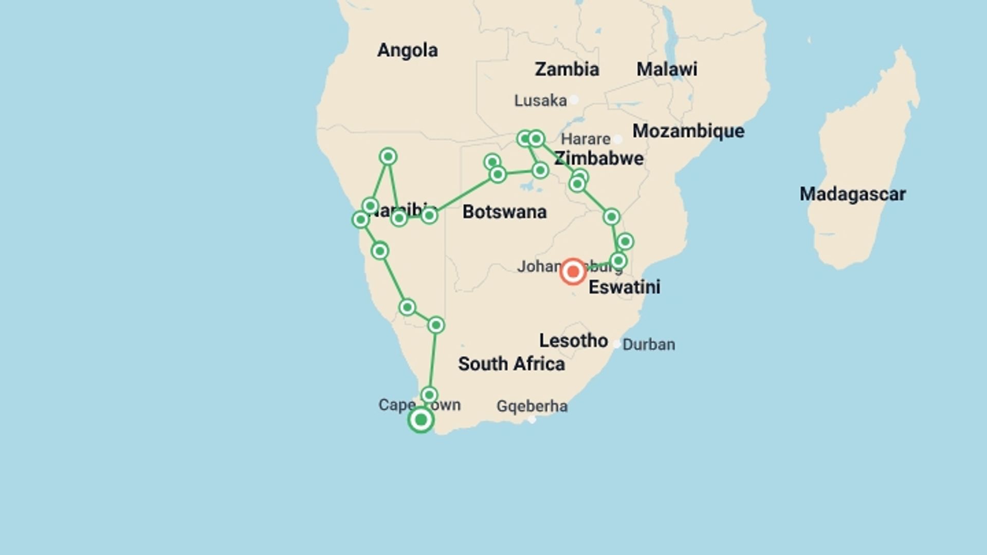 A map showing the tour itinerary for the trip: 25-day Cape Town to Victoria Falls  Kruger Accommodated, starting in Cape Town, South Africa and ending in Pretoria, South Africa going through 20 other destinations.