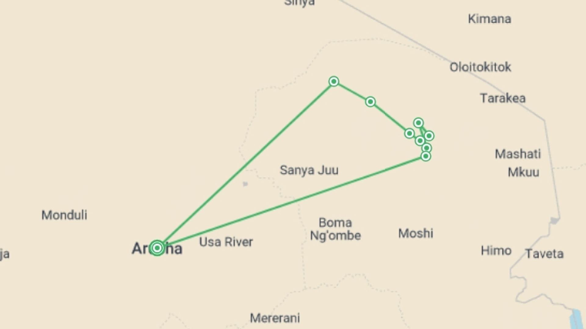 A map showing the tour itinerary for the trip: Kilimanjaro - lemosho route, starting in Arusha, Tanzania and ending in Arusha, Tanzania going through 9 other destinations.
