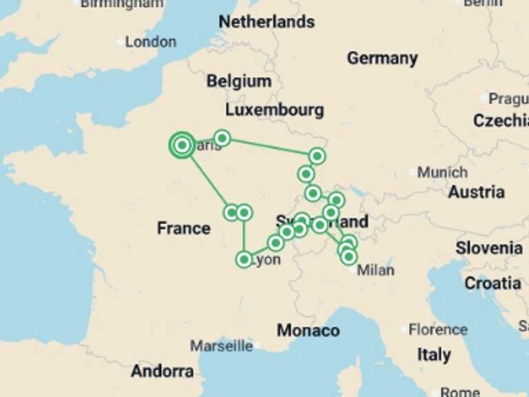 Map itinerary of Strasbourg Tour in October 2025 with 6 destination visits for the trip: France and Switzerland with enchanted Alsace