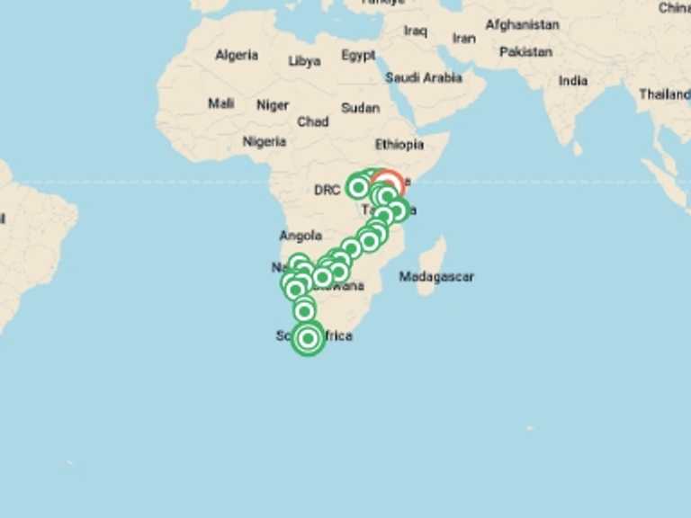 Map itinerary of Africa Tour in August 2026 with 39 destination visits for the trip: Absolute Africa Overland Safari & Participation Camping
