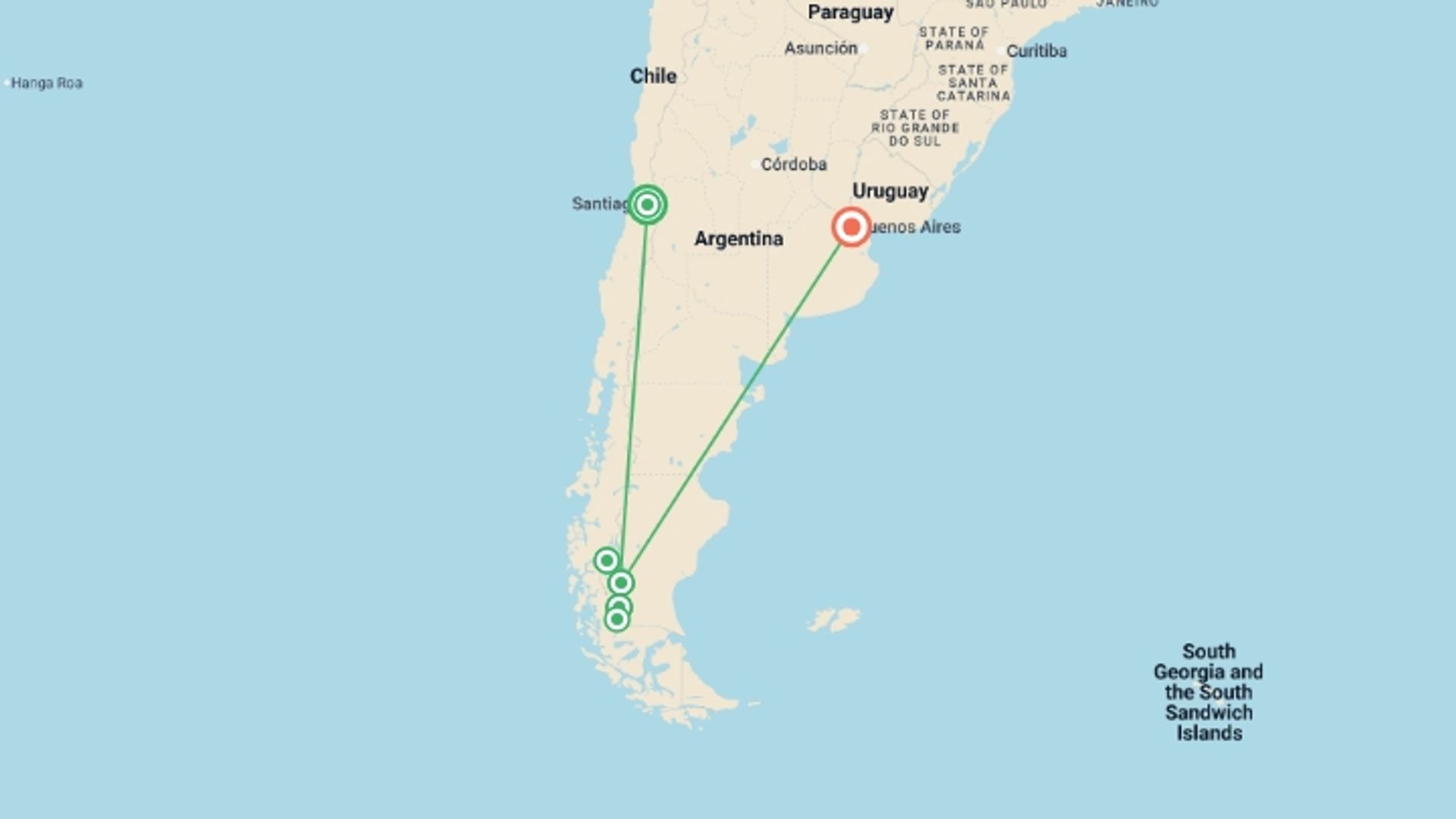 A map showing the tour itinerary for the trip: Chile & Argentina: Capital Cities & Hiking Patagonia, starting in Santiago, Chile and ending in Buenos Aires, Argentina going through 4 other destinations.