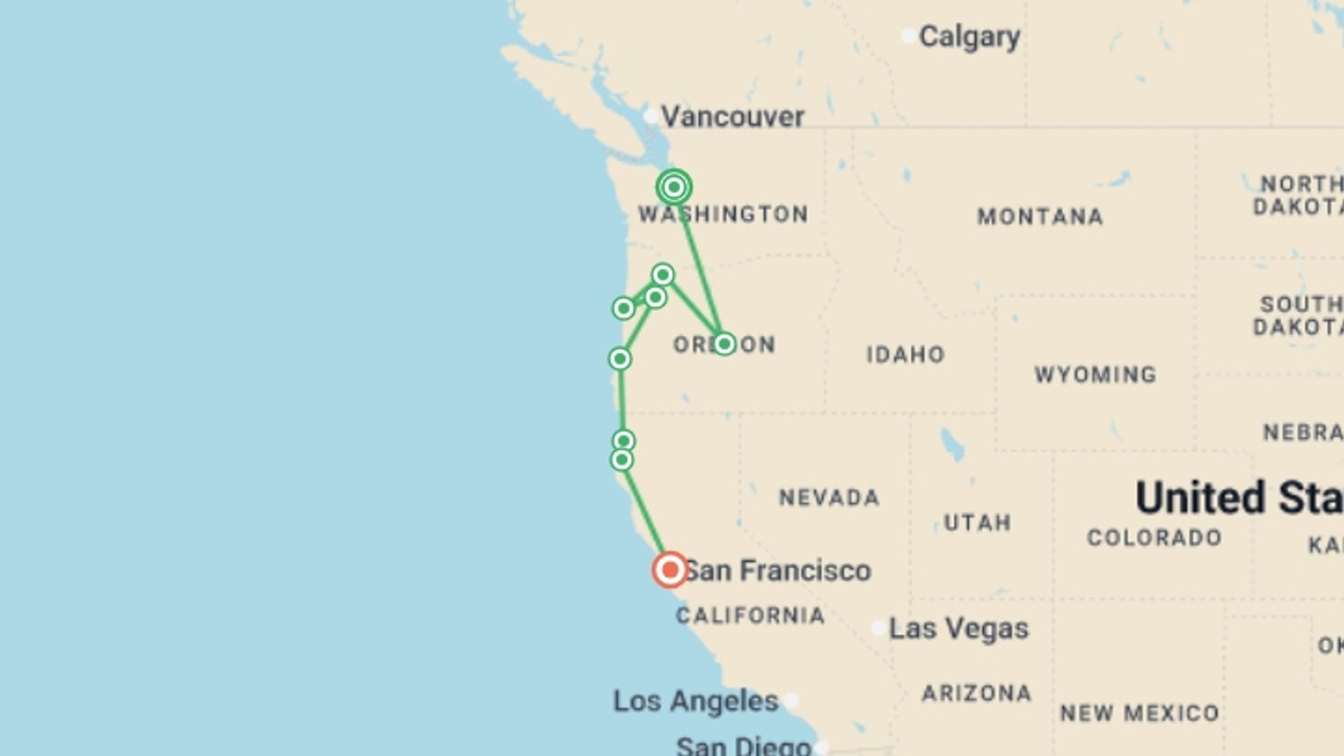 A map showing the tour itinerary for the trip: Pacific Northwest & California featuring Washington, Oregon and California, starting in Seattle, USA and ending in San Francisco, USA going through 4 other destinations.
