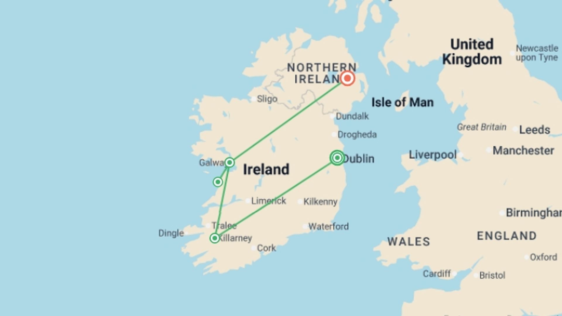 A map showing the tour itinerary for the trip: Highlights of Ireland, starting in Dublin, Ireland and ending in Belfast, Ireland going through 4 other destinations.