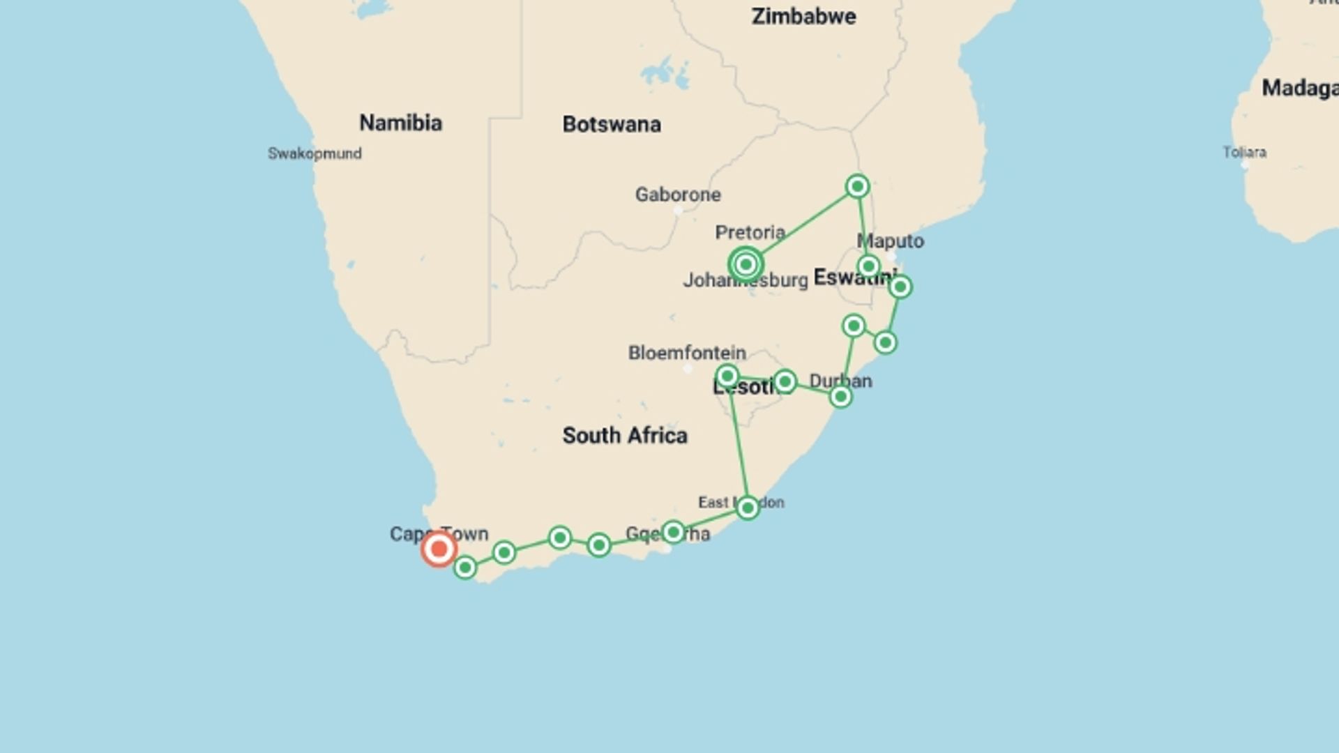 A map showing the tour itinerary for the trip: Kruger, Coast & Cape, starting in Johannesburg, South Africa and ending in Cape Town, South Africa going through 14 other destinations.