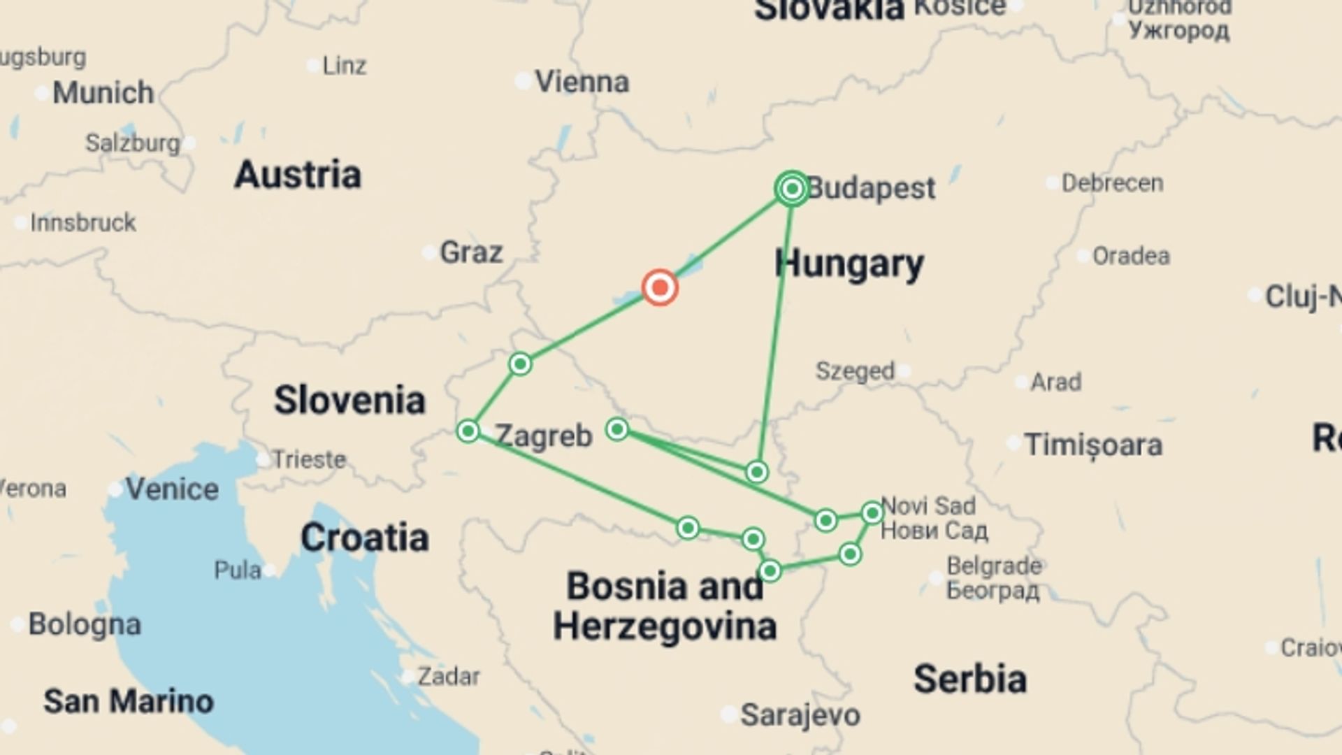 A map showing the tour itinerary for the trip: The majestic Danube, the authentic Sava and Lake Balaton (port-to-port cruise), starting in Budapest, Hungary and ending in Lake Balaton, Hungary going through 7 other destinations.