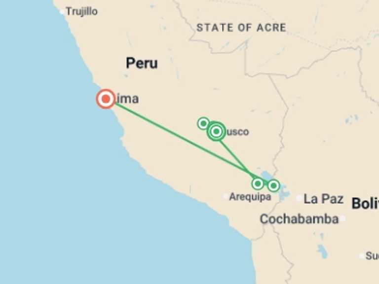 Map of Peru Tour with 6 destination visits for the trip: Highlights of Peru