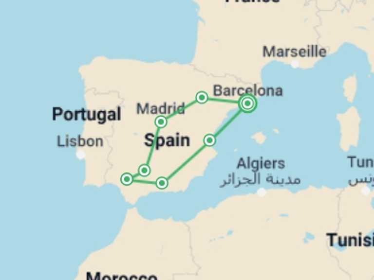 Map itinerary of Spain Tour in February 2026 with 5 destination visits for the trip: 6-day Guided Tour Andalucia And Valencia From Barcelona