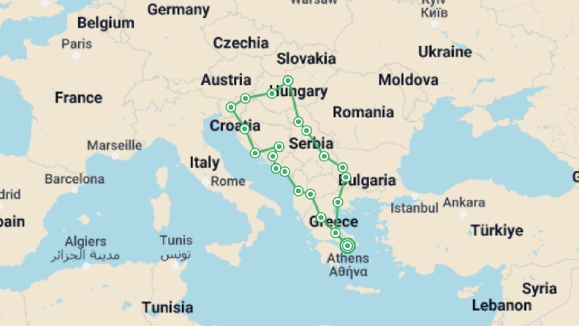 A map showing the tour itinerary for the trip: Balkan Explorer, starting in Athens, Greece and ending in Athens, Greece going through 11 other destinations.