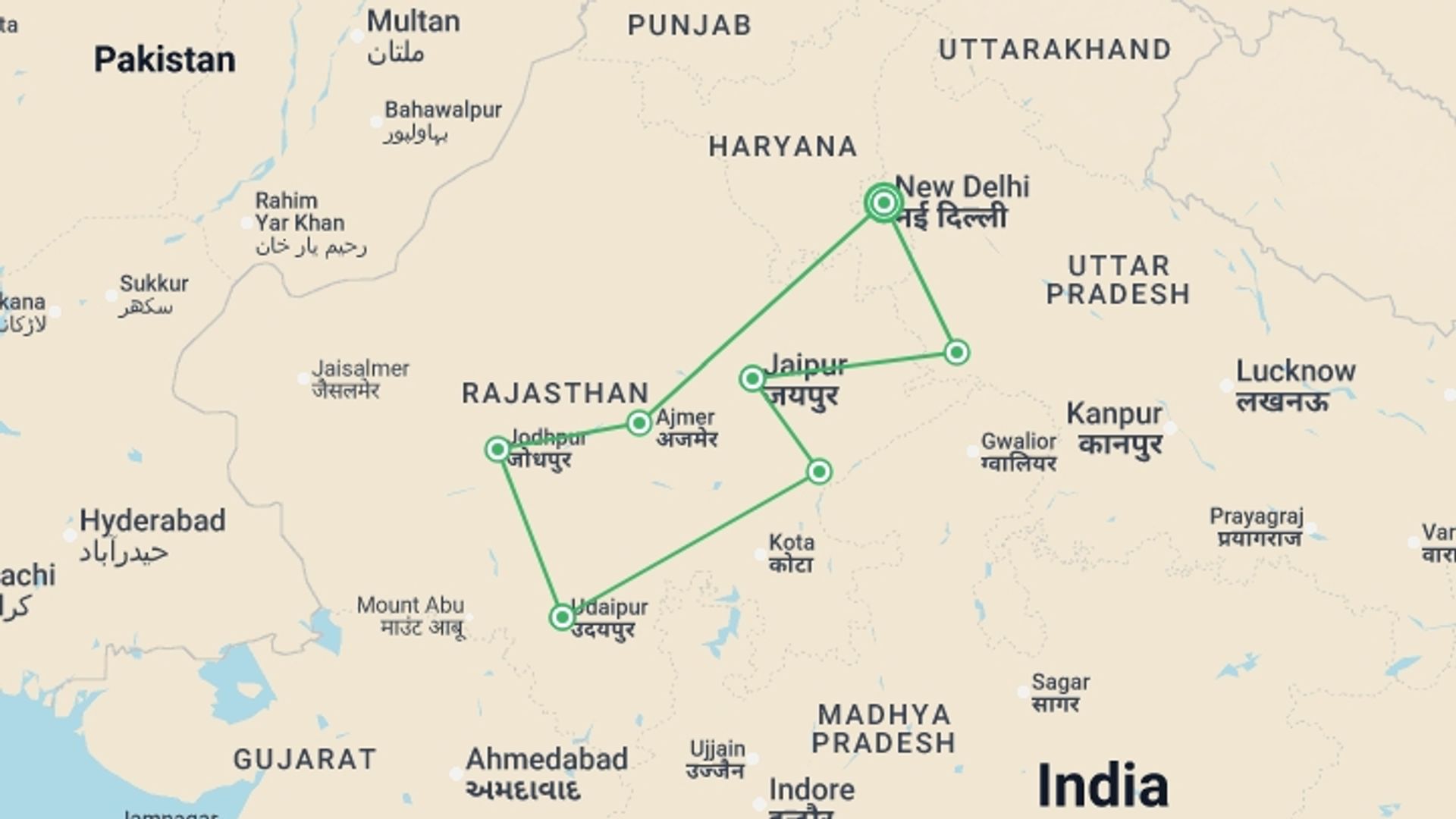 A map showing the tour itinerary for the trip: Highlights of North India - 11 days, starting in New Delhi, India and ending in New Delhi, India going through 6 other destinations.
