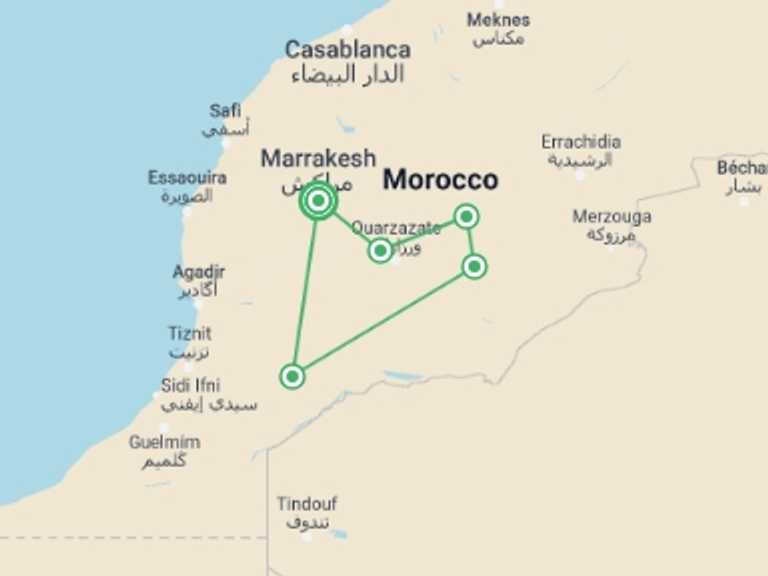 Map of 8-Day Marrakech Tour with 5 destination visits for the trip: Authentic Morocco by Bicycle