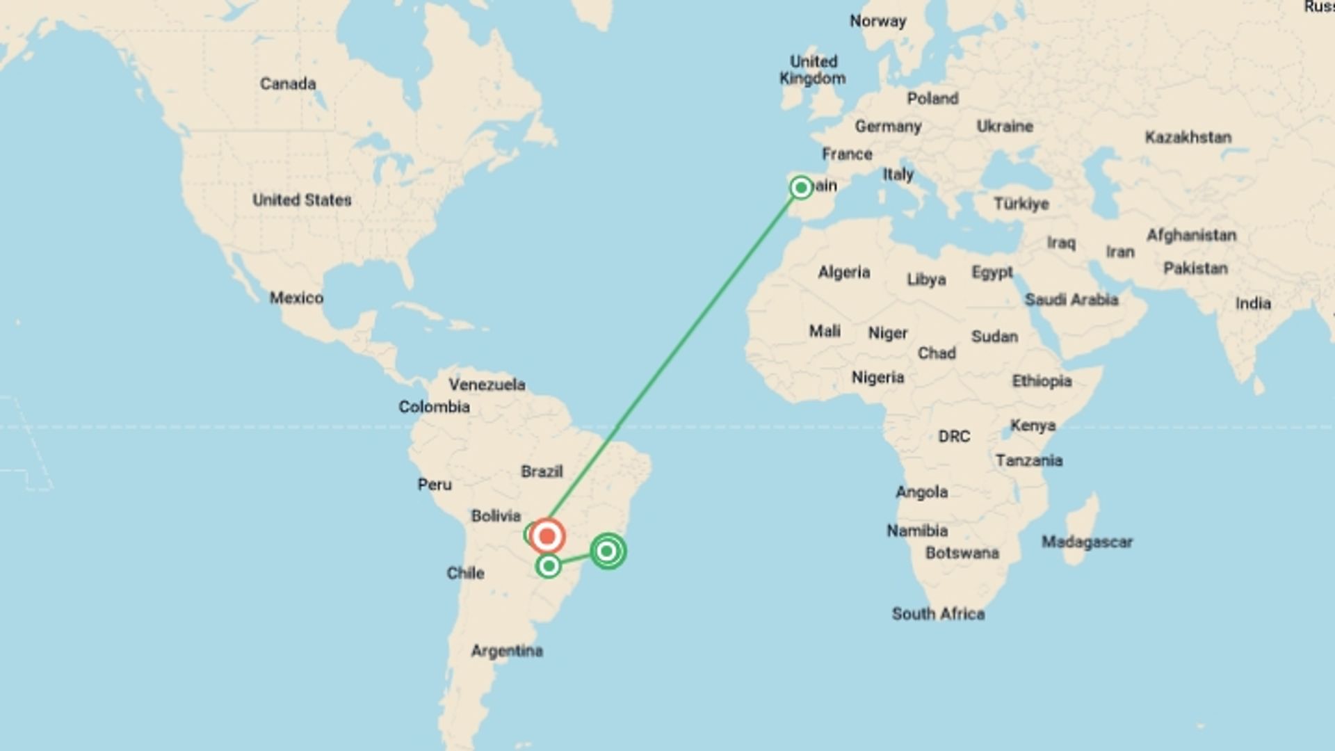 A map showing the tour itinerary for the trip: Rio de Janeiro, Iguassu Falls & Pantanal , starting in Rio de Janeiro, Brazil and ending in Campo Grande, Brazil going through 7 other destinations.