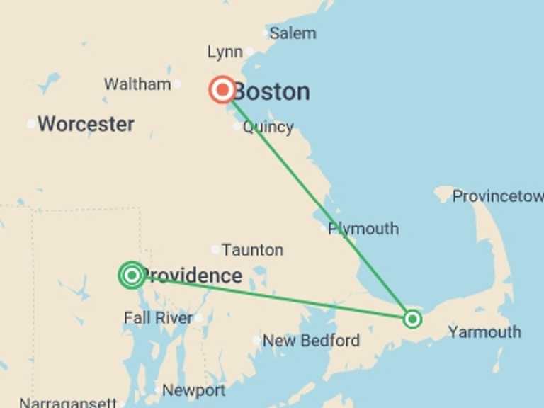 Map itinerary of USA Tour in June 2026 with 3 destination visits for the trip: Islands of New England