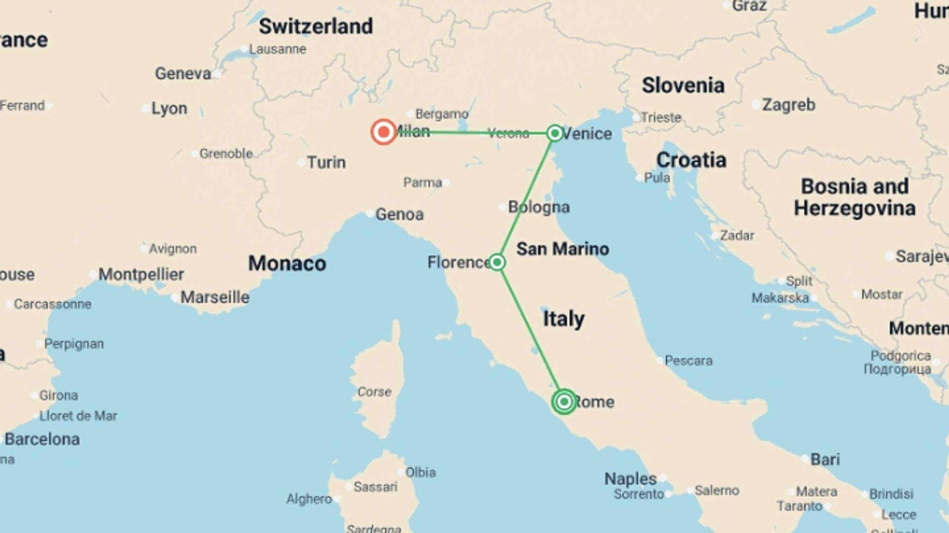 A map showing the tour itinerary for the trip: Rome Florence Venice and Milan by Rail, starting in Rome, Italy and ending in Milan, Italy going through 2 other destinations.