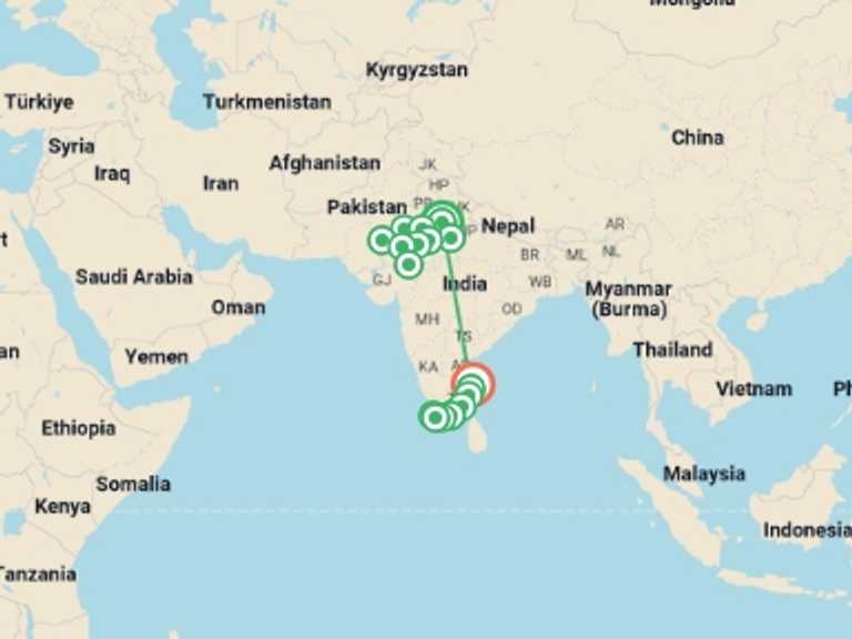 Map of India Art and architecture Tour with 18 destination visits for the trip: Great India