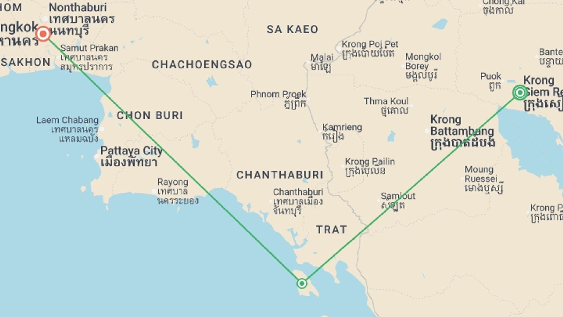 A map showing the tour itinerary for the trip: Cambodia & Thailand: Angkor Wat, Koh Rong & Cardamom Mountain Adventure, starting in Siem Reap, Cambodia and ending in Bangkok, Thailand going through 1 other destinations.