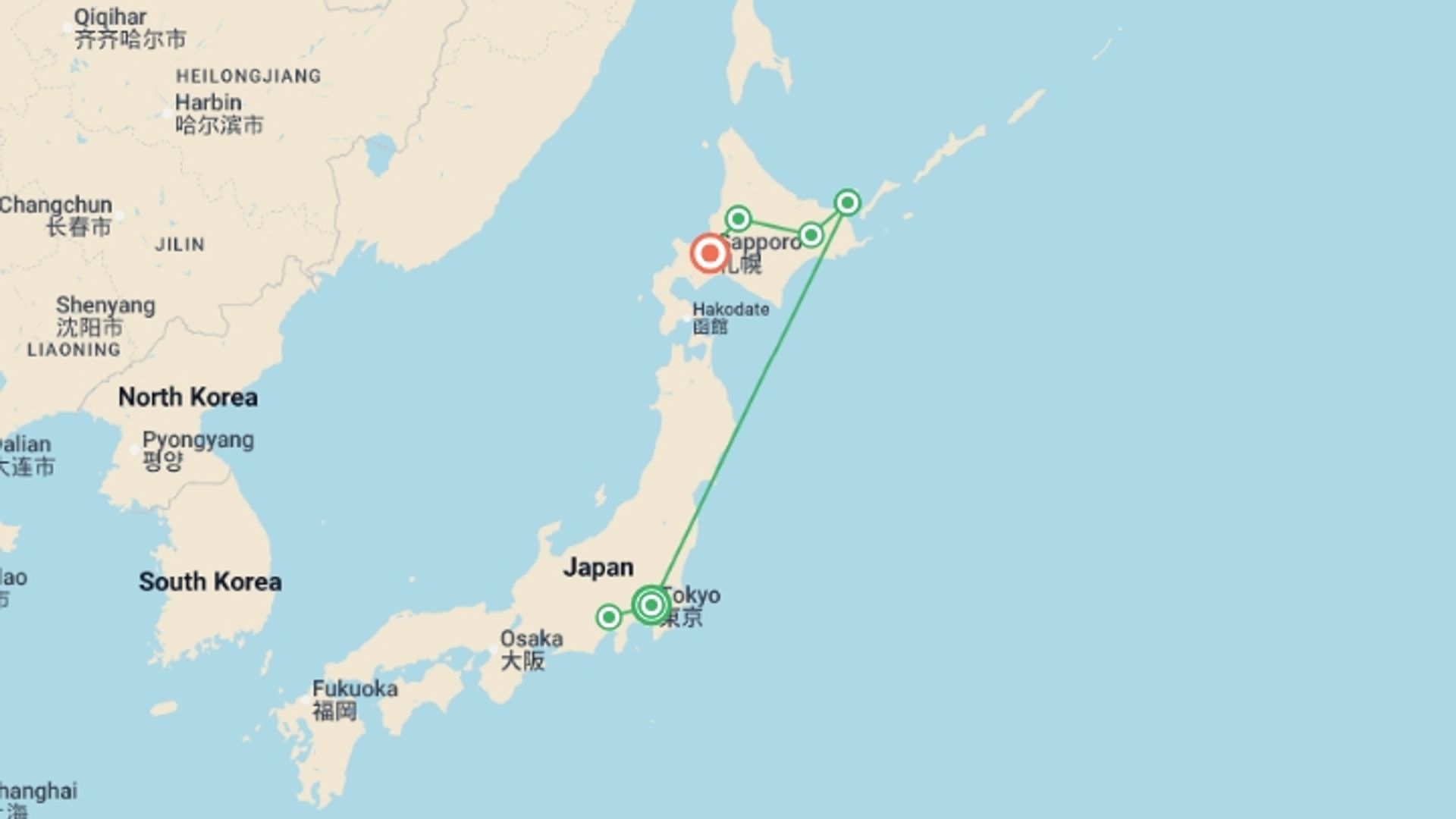 A map showing the tour itinerary for the trip: Active Japan: Mt Fuji & Hokkaido, starting in Tokyo, Japan and ending in Sapporo, Japan going through 4 other destinations.