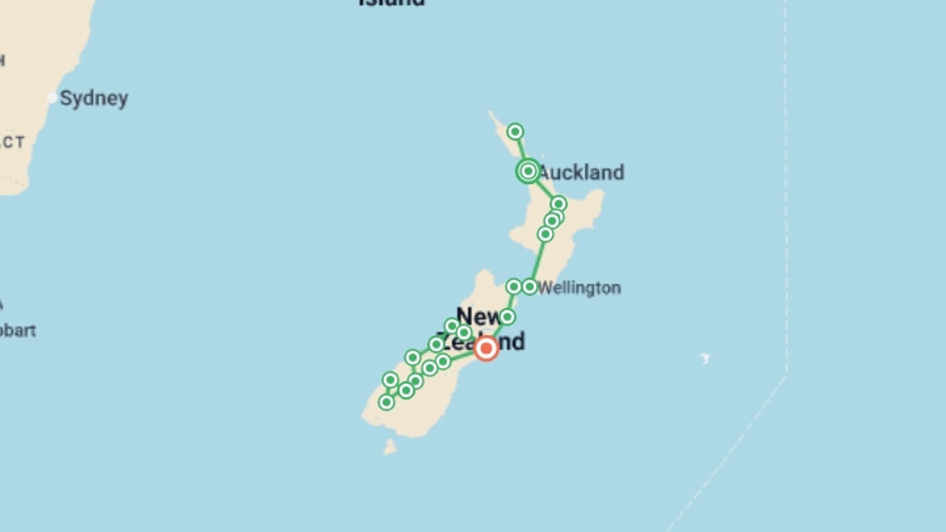 A map showing the tour itinerary for the trip: Ultimate New Zealand, starting in Auckland, New Zealand and ending in Christchurch, New Zealand going through 10 other destinations.