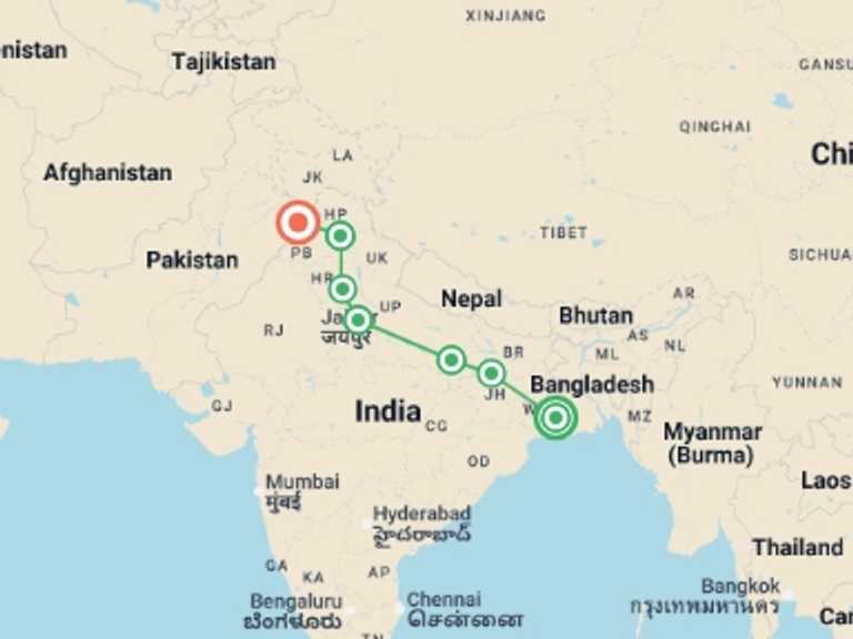 Map of India Art and architecture Tour with 7 destination visits for the trip: Kolkata to Amritsar