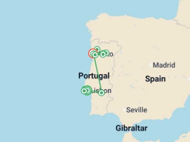 Map itinerary of Europe Tour in Fall with 6 destination visits for the trip: Lisbon, Porto & The Douro Cruise - 10 days
