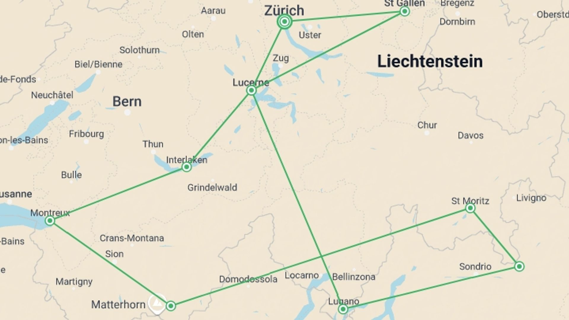 A map showing the tour itinerary for the trip: Grand Tour Of Switzerland by Rail, starting in Zurich, Switzerland and ending in St. Gallen, St. Gallen going through 7 other destinations.