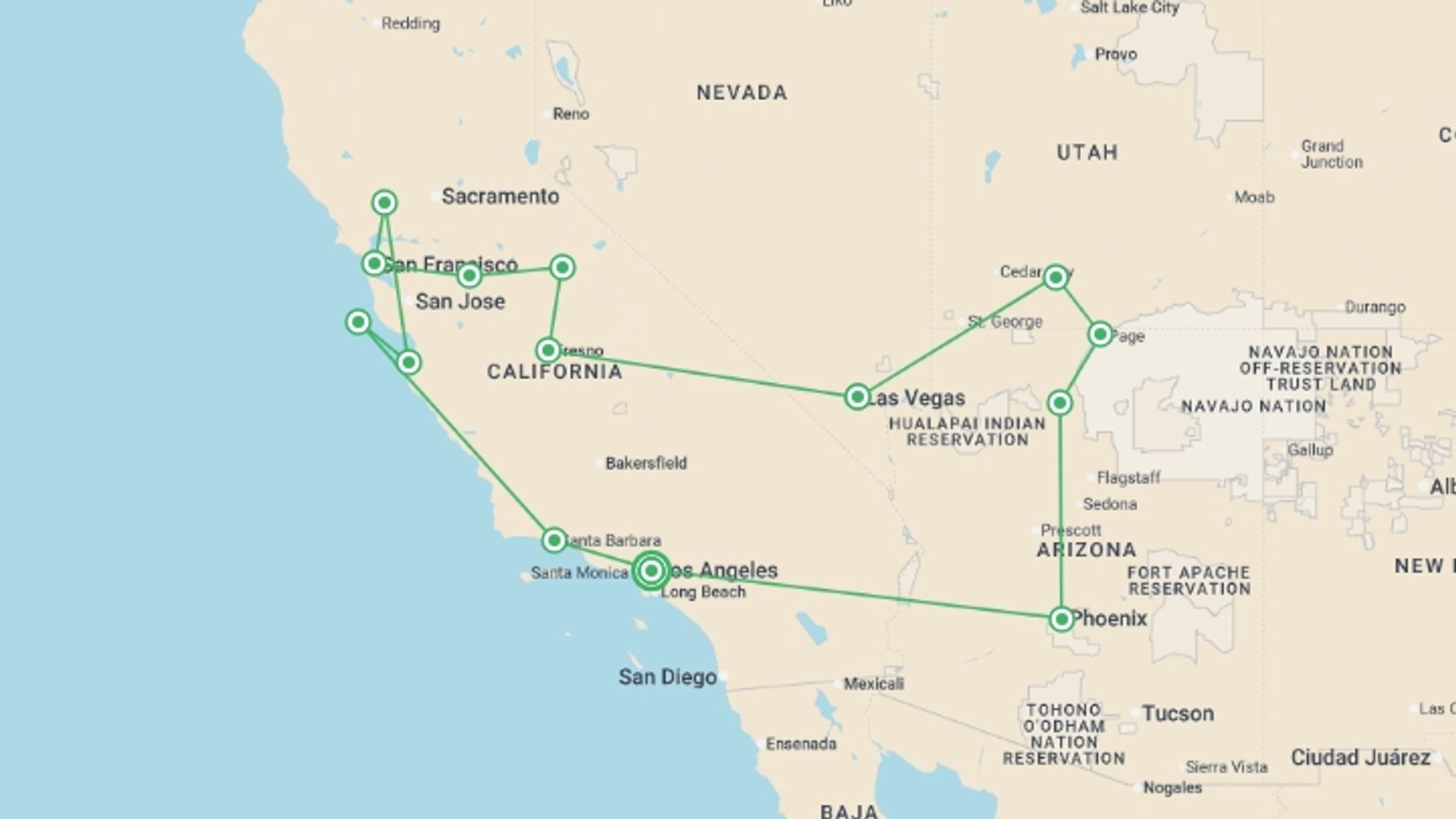 A map showing the tour itinerary for the trip: Western Discovery, starting in Los Angeles, USA and ending in Los Angeles, USA going through 10 other destinations.