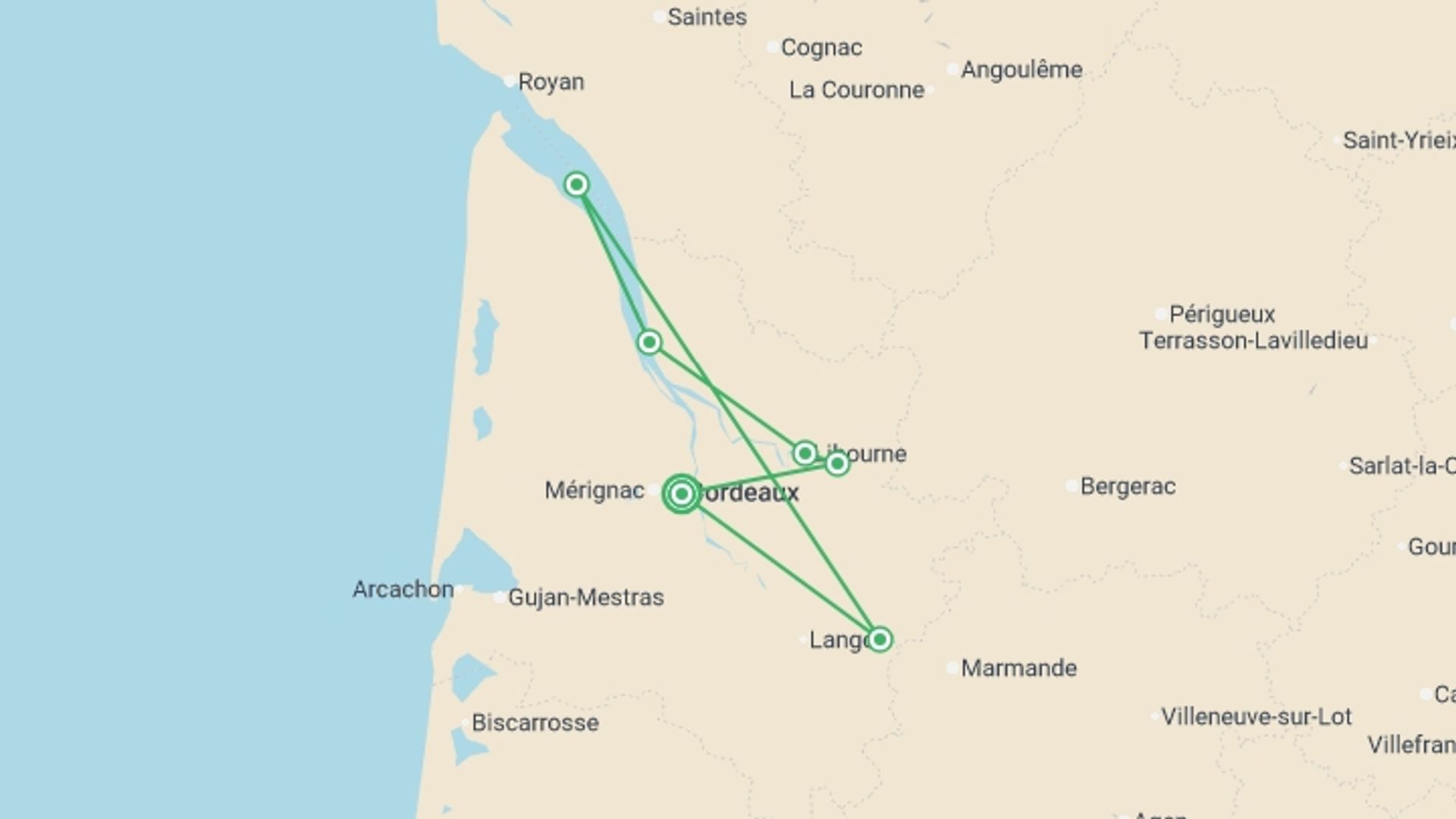 A map showing the tour itinerary for the trip: The exceptional region of Bordeaux (port-to-port cruise), starting in Bordeaux, France and ending in Bordeaux, France going through 4 other destinations.