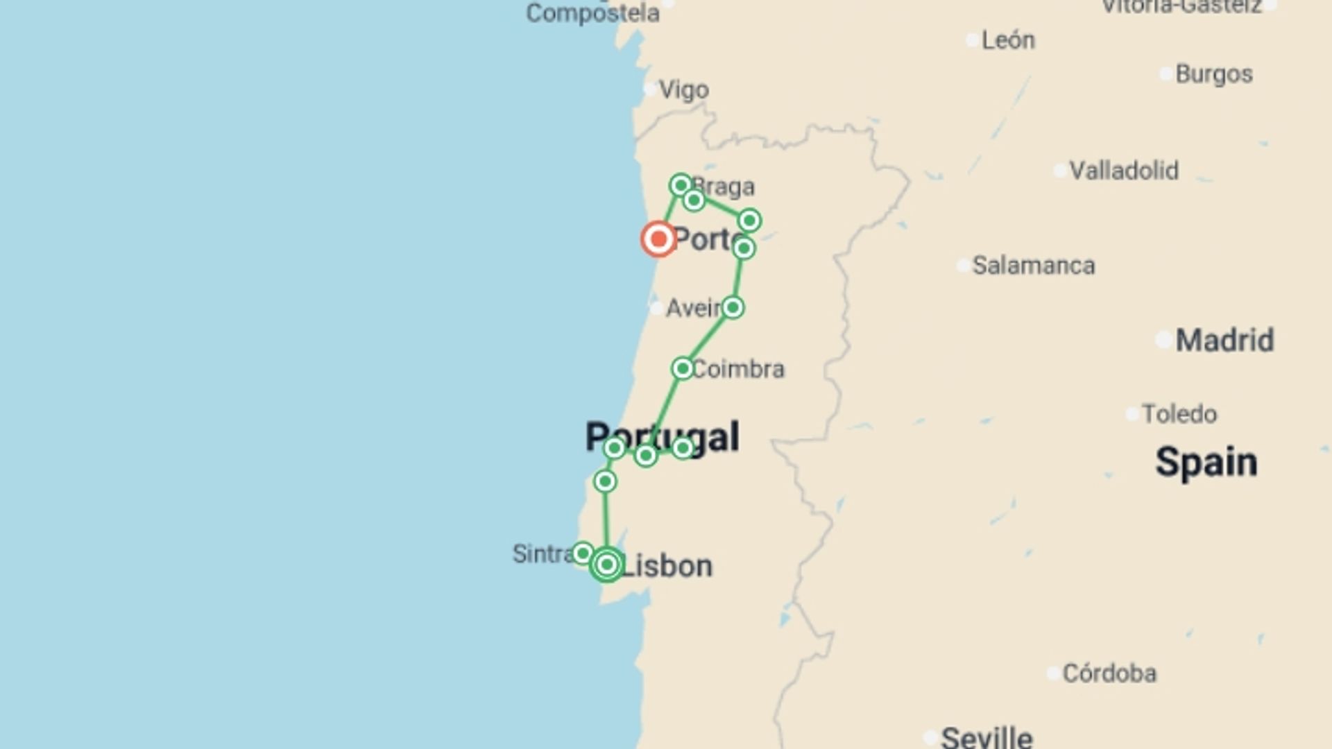 A map showing the tour itinerary for the trip: Discover Portugal, starting in Lisbon, Portugal and ending in Porto, Portugal going through 4 other destinations.