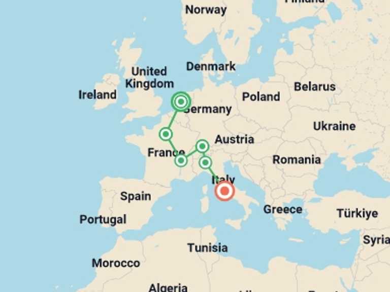 Map itinerary of Europe Tour in June 2026 with 6 destination visits for the trip: Romantic Cities GO