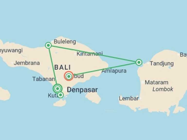 Map of a Trekking and Hiking Tour with 7 destination visits for the trip: Bali Intro 12 day