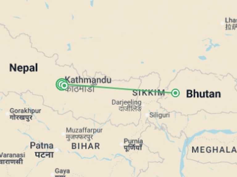 Map itinerary of Nepal Tour in Fall with 3 destination visits for the trip: Signature Nepal & Bhutan | Peaks & Prayer Flags