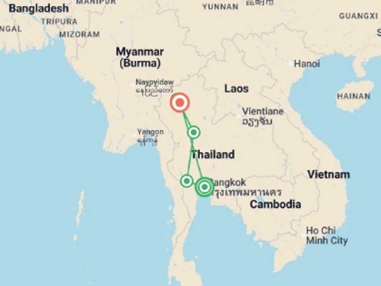 Map itinerary of South East Asia Tour in February 2027 with 5 destination visits for the trip: Highlights of Thailand