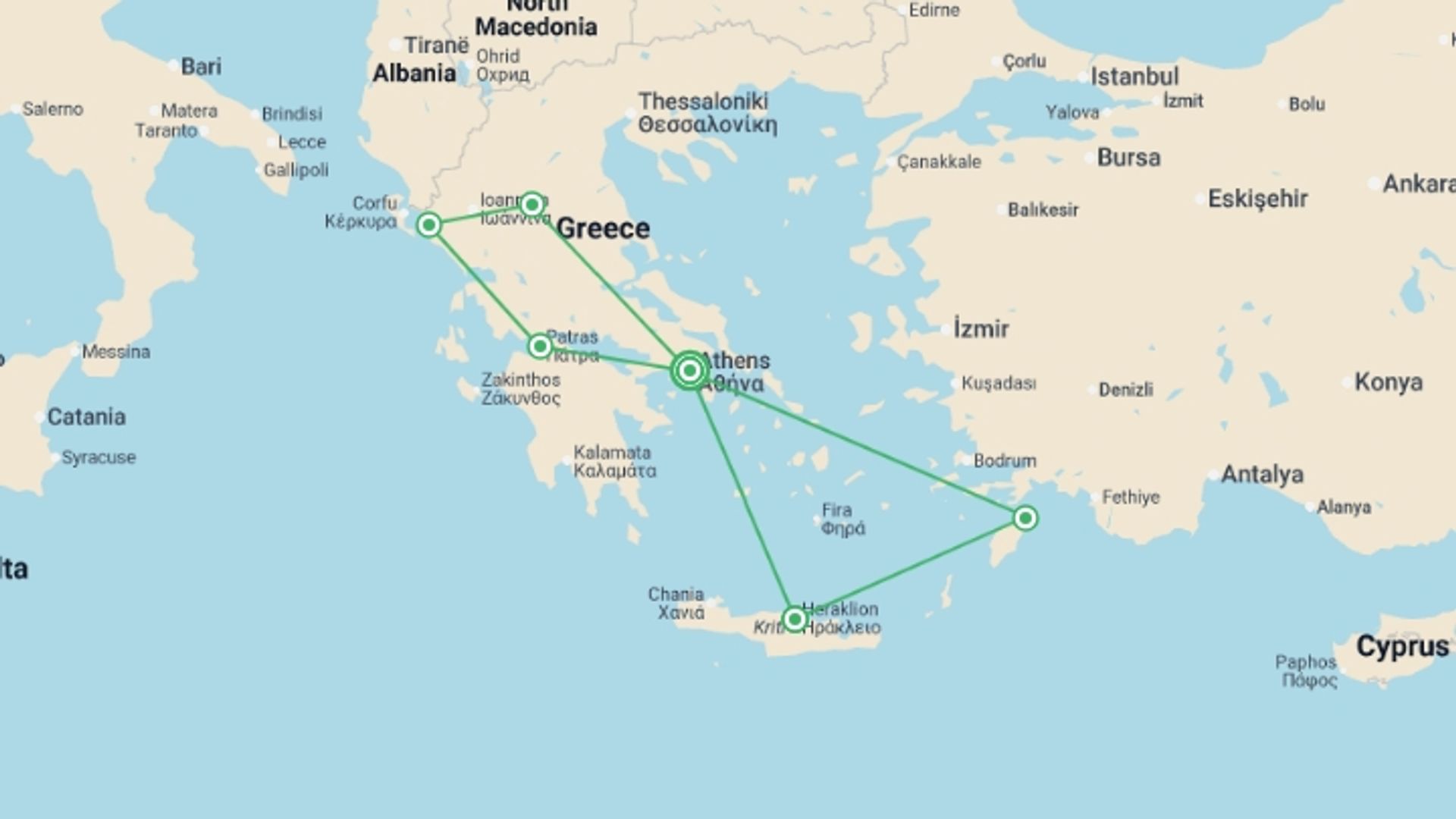 A map showing the tour itinerary for the trip: Peloponnese and Meteoras with Greek Islands, starting in Athens, Greece and ending in Athens, Greece going through 5 other destinations.