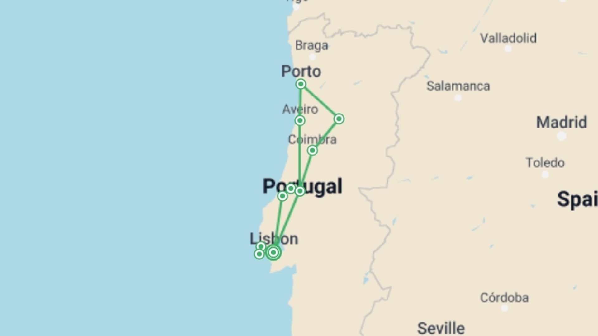 A map showing the tour itinerary for the trip: Classical Portugal Self Drive, starting in Lisbon, Portugal and ending in Lisbon, Portugal going through 3 other destinations.