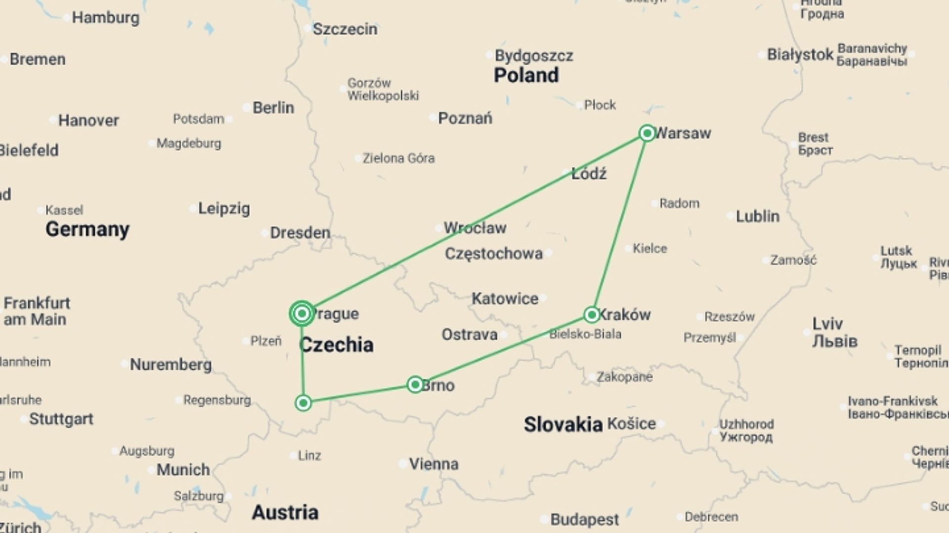 A map showing the tour itinerary for the trip: Between Stories and Castles to Essential Poland, starting in Prague, Czech Republic and ending in Prague, Czech Republic going through 4 other destinations.