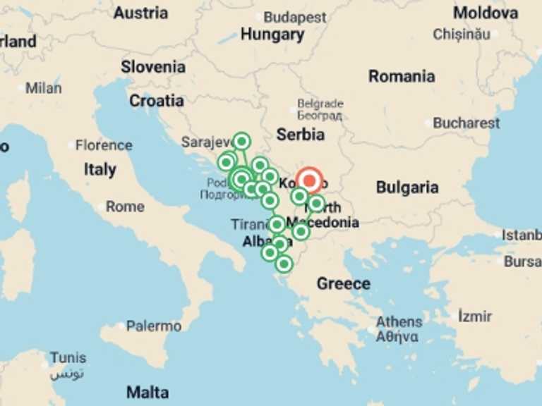 Map itinerary of Europe Tour in September 2027 with 17 destination visits for the trip: Classic Balkan Adventure:  Trebinje to Pristina