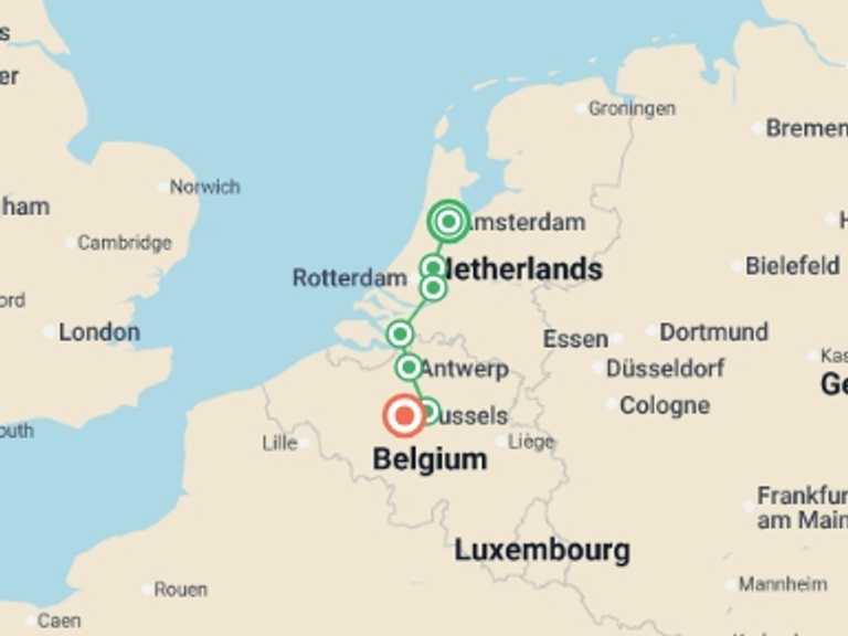 Map itinerary of Europe Tour in Fall with 7 destination visits for the trip: Amsterdam to Brussels by Bike